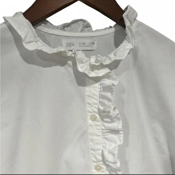 ZARA Poplin Ruffle 3/4 Long Sleeve Button Up Blouse | White | Size 10 - Picture 2 of 8